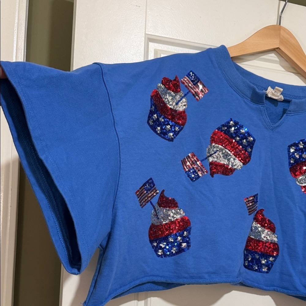 Peach Love California Blue Crop Top with Sequin Cupcake Design patriotic - Picture 5 of 8